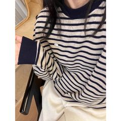 复古条纹长袖大码卫衣女秋冬新款韩版宽松慵懒风外套加厚百搭上衣