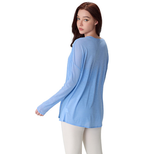 Spring and summer nude round neck casual fitness long-sleeved slit sports T-shirt loose slim versatile yoga shirt top