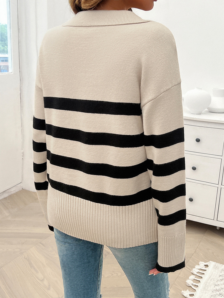 Abbigliamento donna autunno e inverno donna casual ampio a righe contrasto colore bavero maglioni top donna_voghion.com