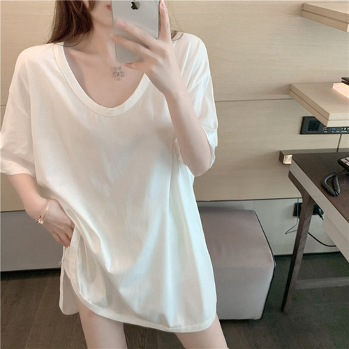 Cotton Asymmetrical Split U-neck Short-sleeve T-shirt for Women - Summer Loose Korean Style Medium-length Large Collar Top Trendy