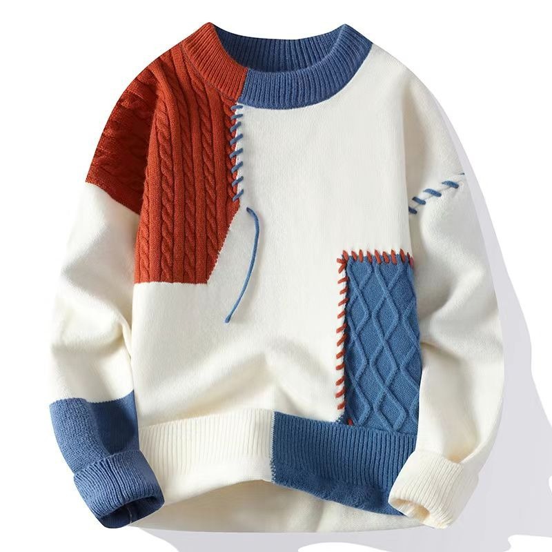 Sweater Men's Stitching Contrasting Color Winter American Casual Personalized Design Knitted Knitwear Men's Loose Lazy Style Knitwear