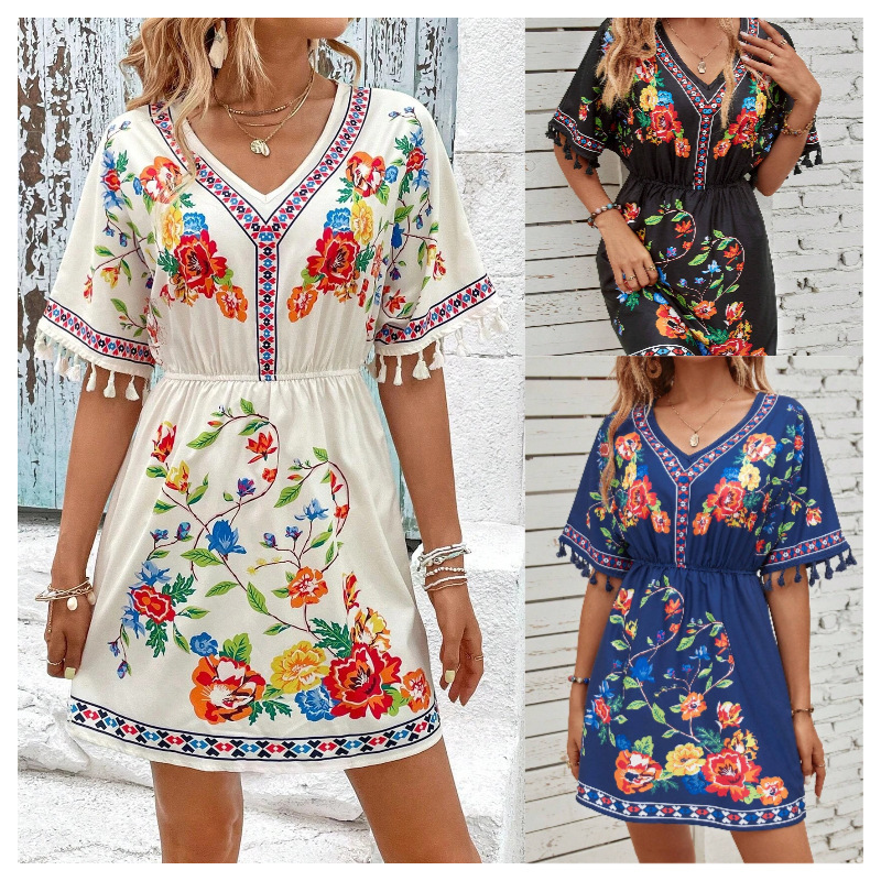 European and American Bohemian Retro Ethnic Style Tassel Heavy Printing Elegant Waist Short Holiday Dress Short Sleeves
