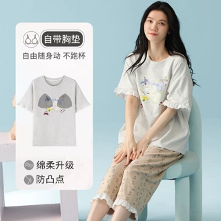 夏季带胸垫纯棉睡衣女圆领短袖薄款全棉可爱卡通可外穿家居服套装
