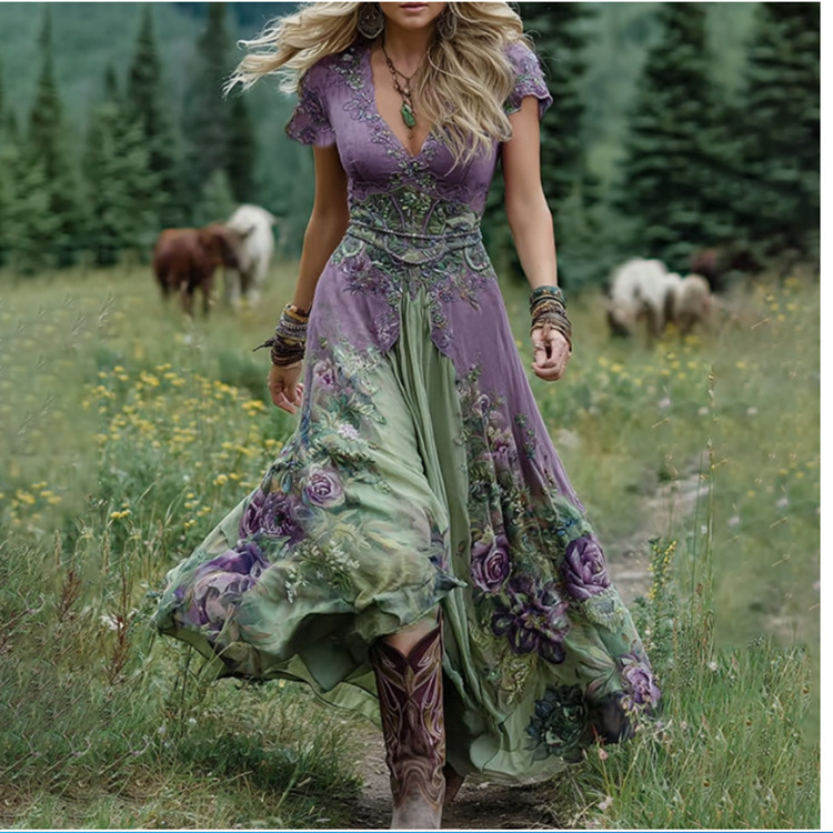 New Plus-Size Women's Loose-Fitting Versatile Dress with Creative Pattern Design, Deep V-Neck Short-Sleeve Dress