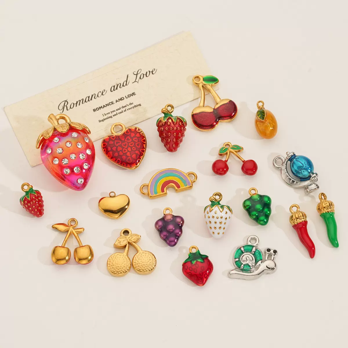 不锈钢水果系列草莓樱桃葡萄吊坠包包挂件DIY项链手链饰品配件