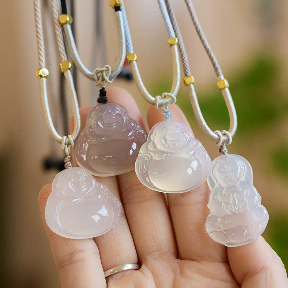 天然冰种玉髓玛瑙项链白玉髓平安扣弥勒佛莲花吊坠毛衣链挂件批发