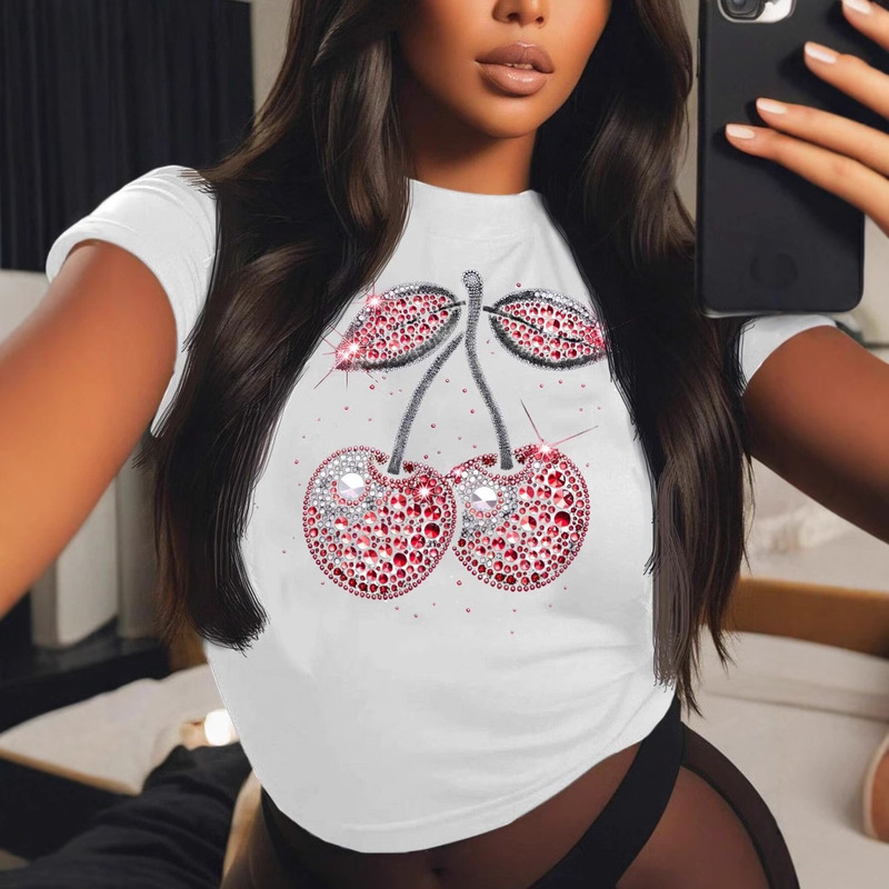 Cross-Border European and American Amazon Popular Women's Clothing Hot Girl Tops Cherry Pattern Printed Round Neck Slim Short T-Shirt for Women