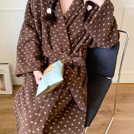棕色小波点系带浴袍女秋冬长袖长款宽松居家甜美睡袍新款批发