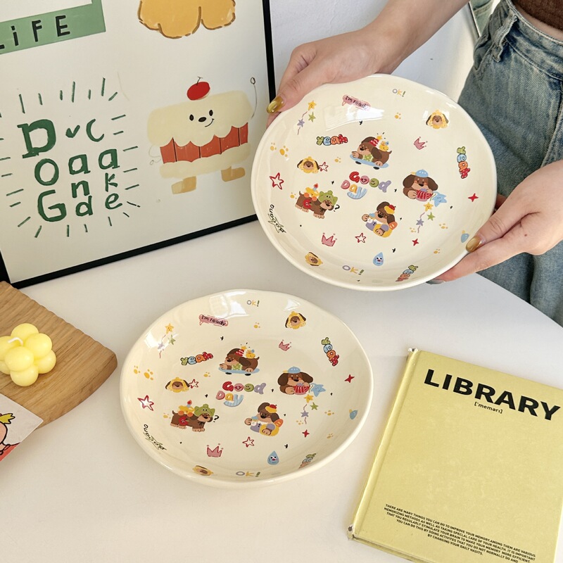 Colorful Dachshund Cartoon Tableware Cute Ceramic Home Breakfast Plate Dessert Plate Plate Set Deep Plate