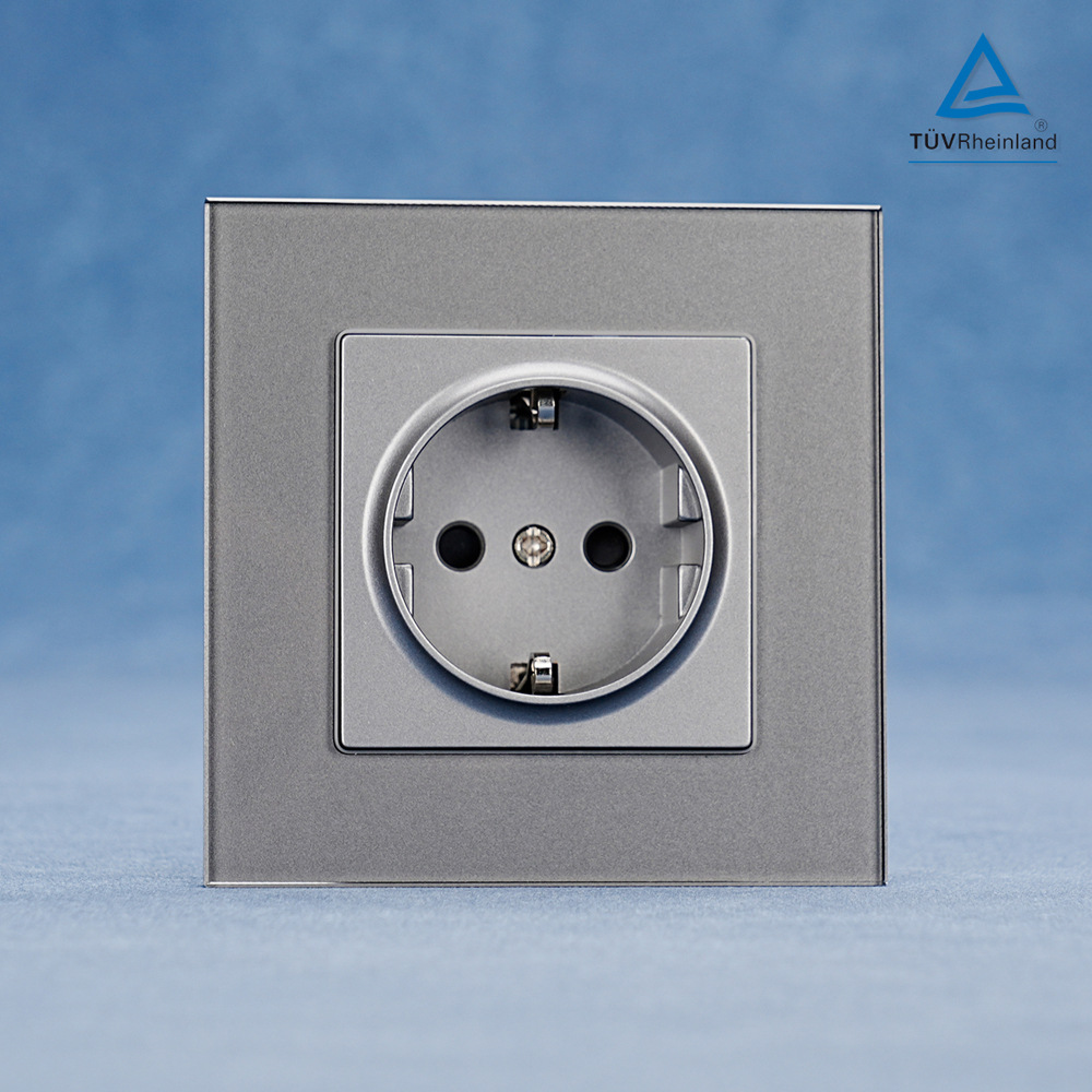 灰色欧标欧规86型G钢化玻璃面板德插16A开关单双控250V墙壁插座ce