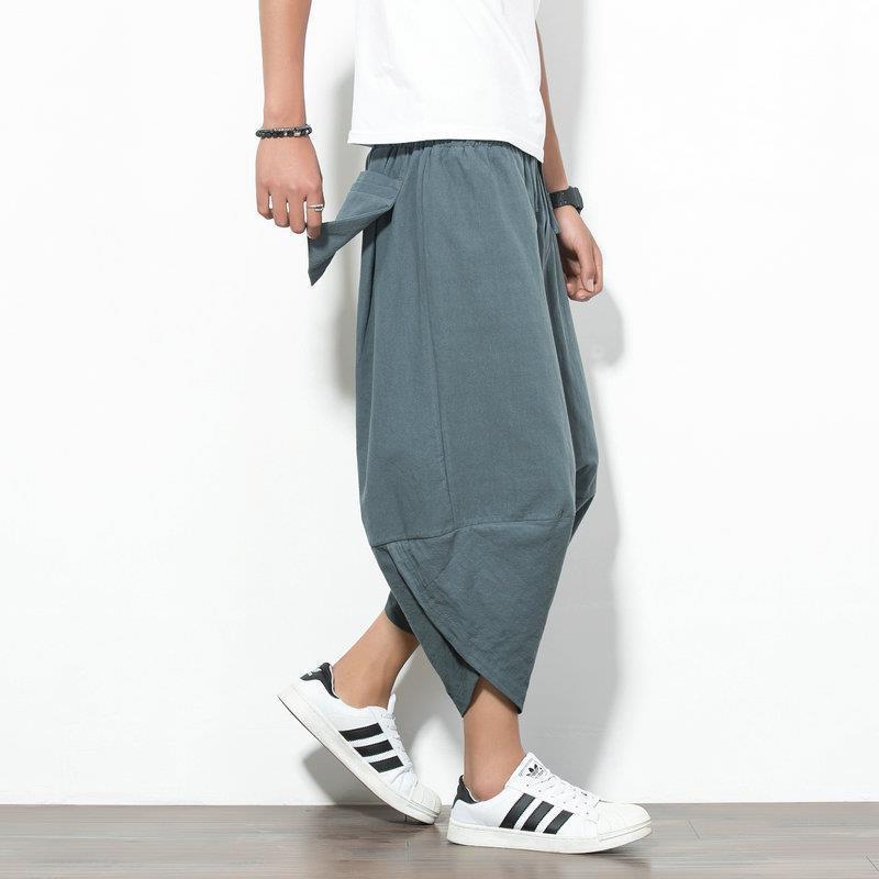 Pantalones cortos de linterna para hombre de verano, pantalones sueltos de lino 7 cortos, pantalones de estilo étnico chino de Nepal, tendencia de 9 piernas anchas