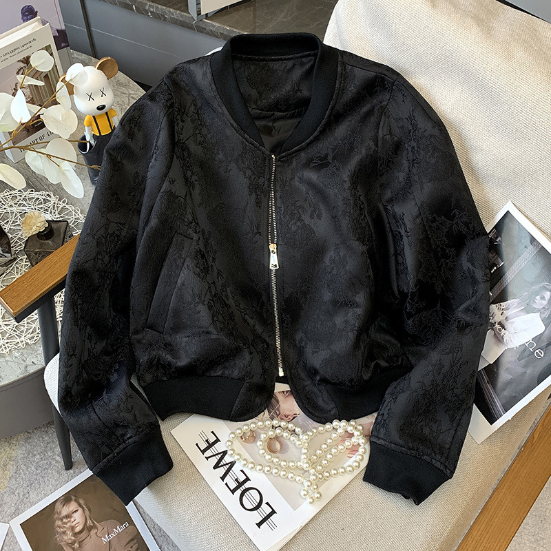 トップス春と秋のレトロな刺繍フラワージャケット女性の野球ユニフォームショートショートコート黒カジュアル|undefined