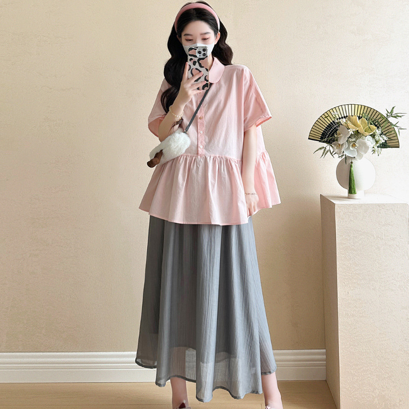 Maternity 2025 Summer New Loose Doll Shirt Short-sleeved Top Casual All-match Grey Skirt Two-piece Set