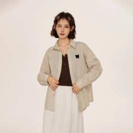 竖条纹刺绣衬衫外套女2025春秋新款衬衣宽松显瘦内搭外穿情侣上衣
