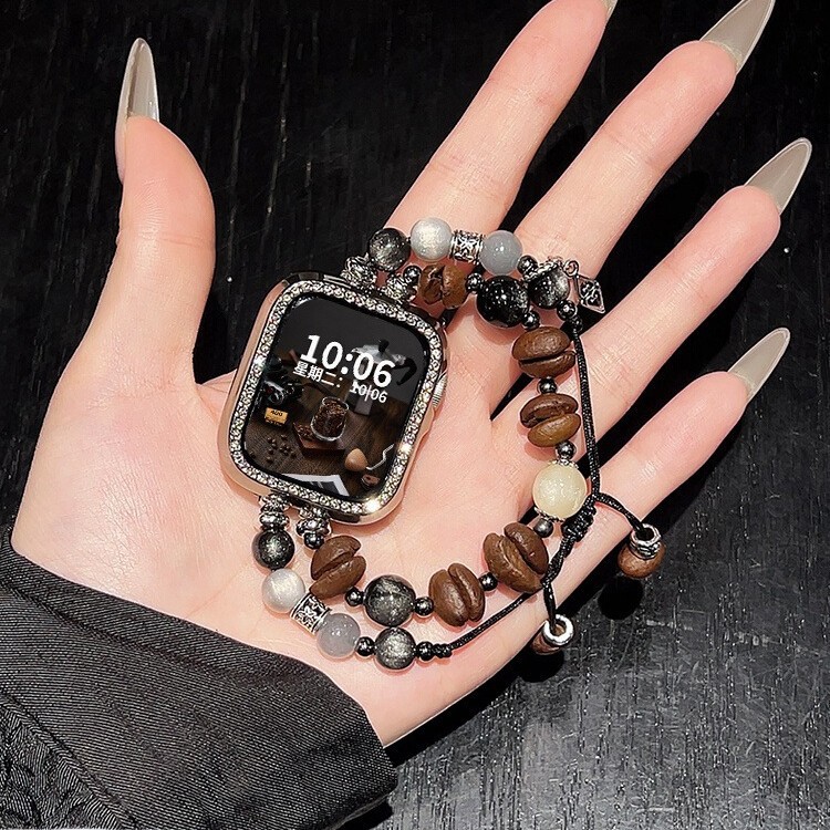 Suitable for Apple Watch Strap Iwatch10 New Coffee Bean S9 Double Row Beaded Chain S8 Female Se Fashion Summer