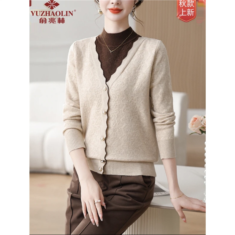 Mom's Autumn Half-Turtleneck Sweater Base Layer 2024 Autumn Knit Top Faux Two-Piece Casual Versatile Top