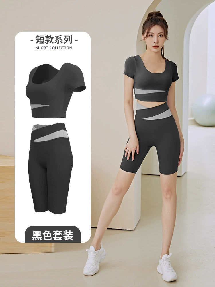  Summer sports breast pads, leggings, trousers for gym, set, with short sleeve, beautiful back