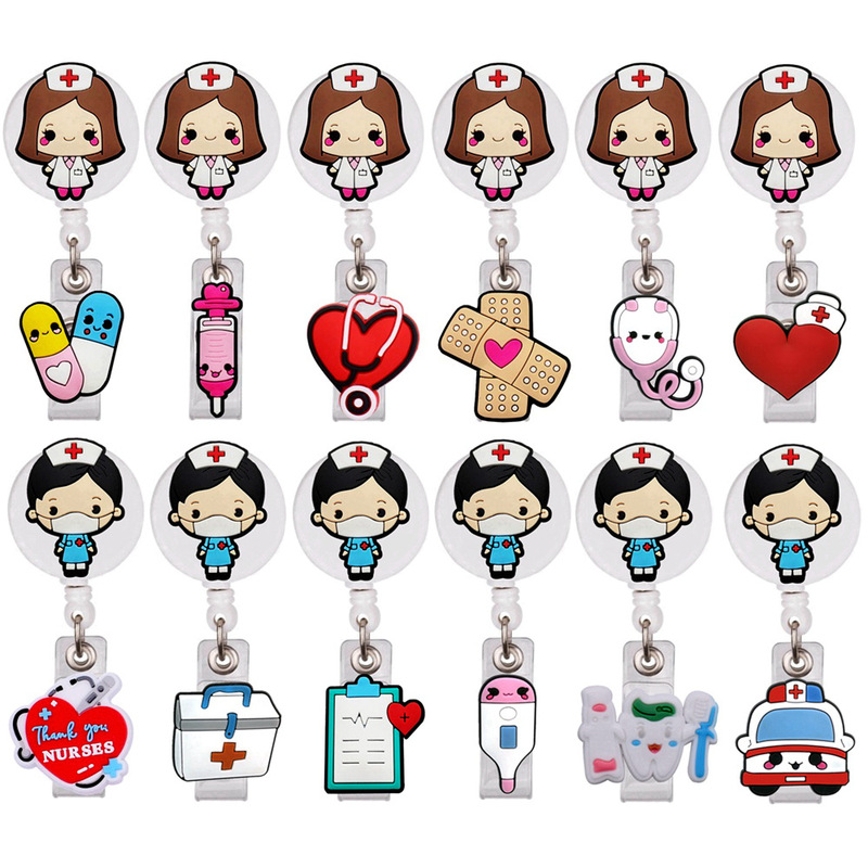 Medical School Nurse Doctor Cartoon Pattern Clamp Badge Retractable ID Card Holder Keychain Chest