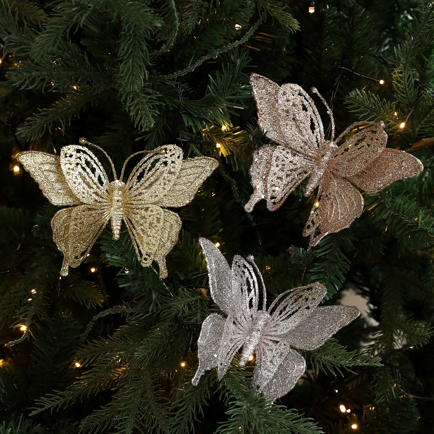 Nuevos productos de mariposa polvo de oro polvo de alta calidad árbol de Navidad flor de decoración colgante decoración accesorios