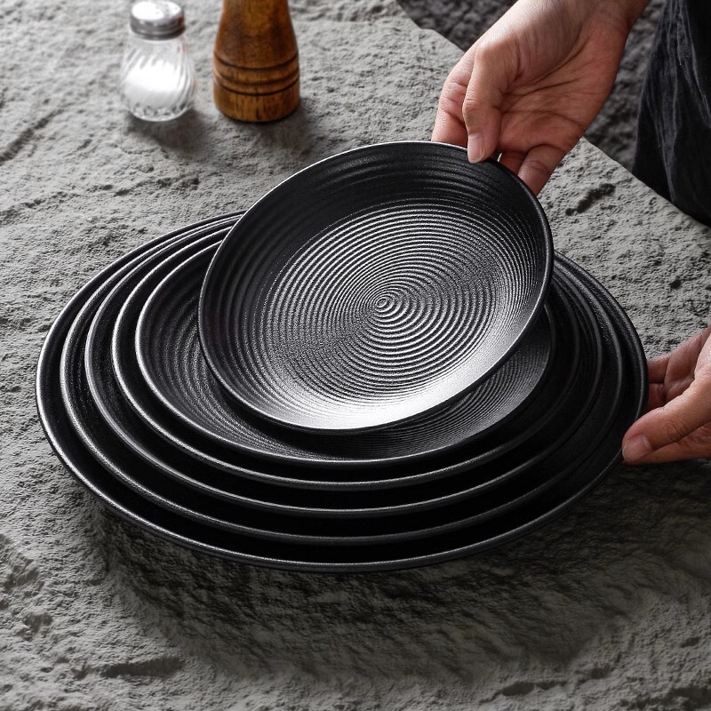 Black Japanese-style high-end dish round melamine commercial dish barbecue barbecue dish dish hot pot restaurant side dish dish