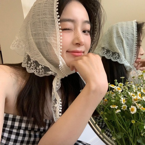 French lace triangular scarf with floral beige stylish retro decorative head scarf hair tie for bag straps and fringes, versatile small scarf