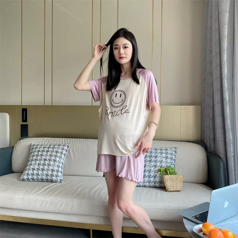 哺乳套装夏薄款莫代尔家居服孕妇月子短袖短裤产后喂奶睡衣两件套
