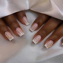 白色法式珍珠钢珠欧美穿戴甲跨境高级感美甲甲片pressonnails甲片