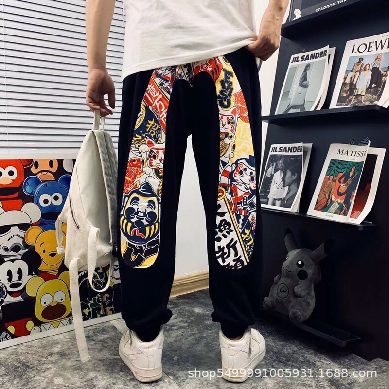 Dropshipping Evisu Fortune God Heavy Trendy Big Fish Lucky Cat Daruma Print Big m Terry Casual Long Pants for Men