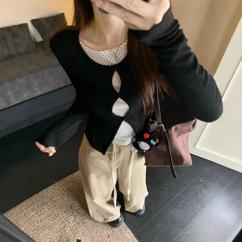 韩系设计感镂空假两件T恤女2025早秋季新款修身显瘦波点长袖上衣|undefined