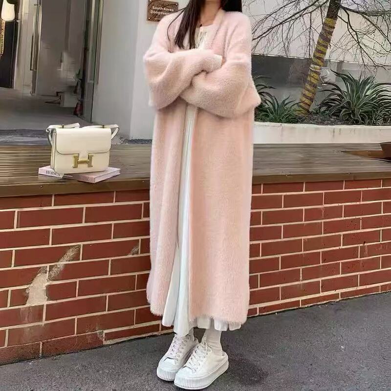 クロスボーダー模造ミンクベルベット白セーターカーディガンコート女性の秋と冬のルーズぬいぐるみふわふわロングカーディガン|undefined