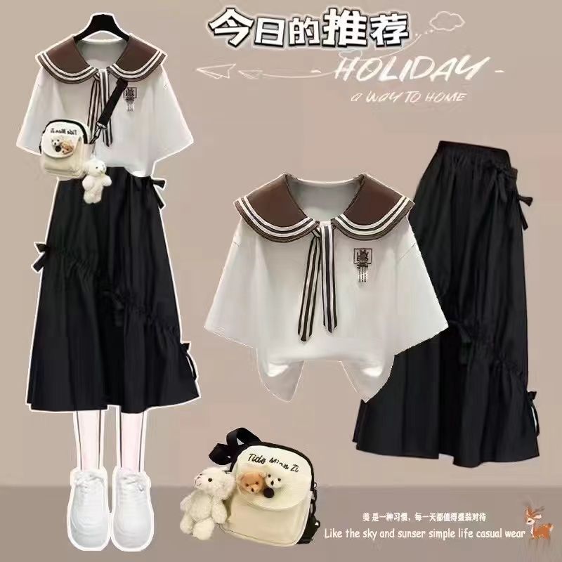 Белая футболка + черная юбка-бабочка