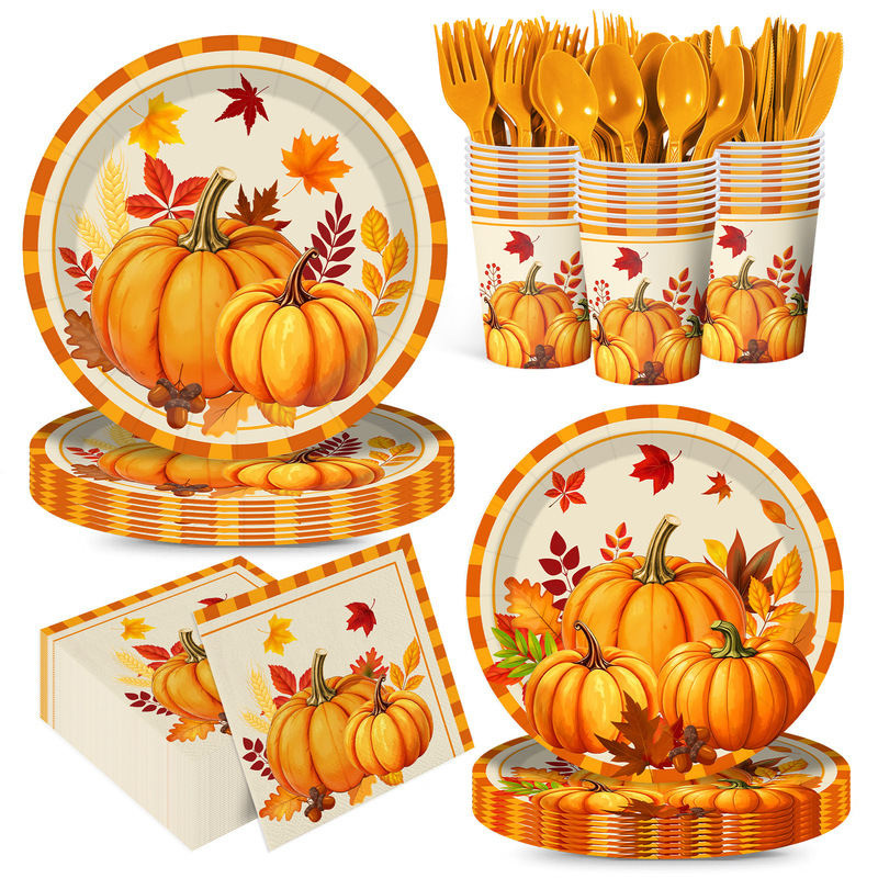 2026 New Thanksgiving Party Autumn Pumpkin Tableware Party Disposable 9inch 7inch Dinner Plates and Napkins Set 2026 New Thanksgiving Party Autumn Pumpkin Tableware Party Disposable 9inch 7inch Dinner Plates and Napkins Set