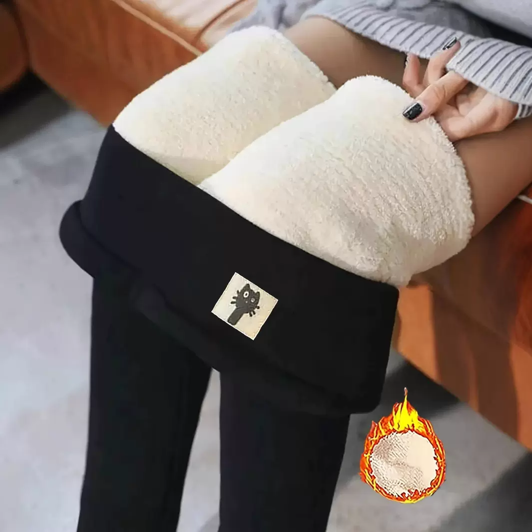 速卖通希音爆款女士高腰绣花猫咪加绒紧身裤秋冬跑步骑行打底裤子
