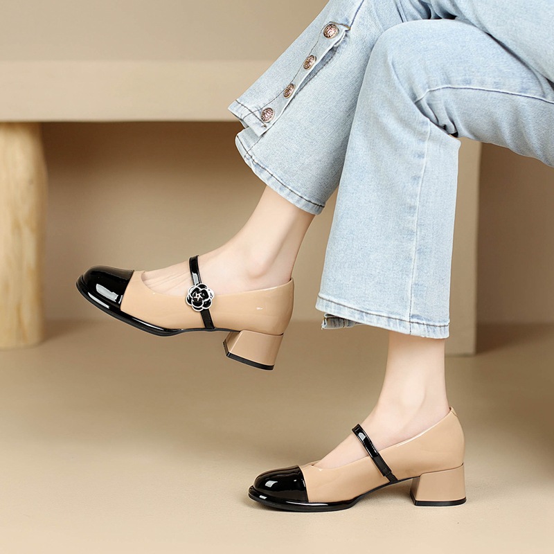 Giày Mary Jane nữ quai ngang cổ điển, gót vuông, mũi nhọn — AW107 mét Đen