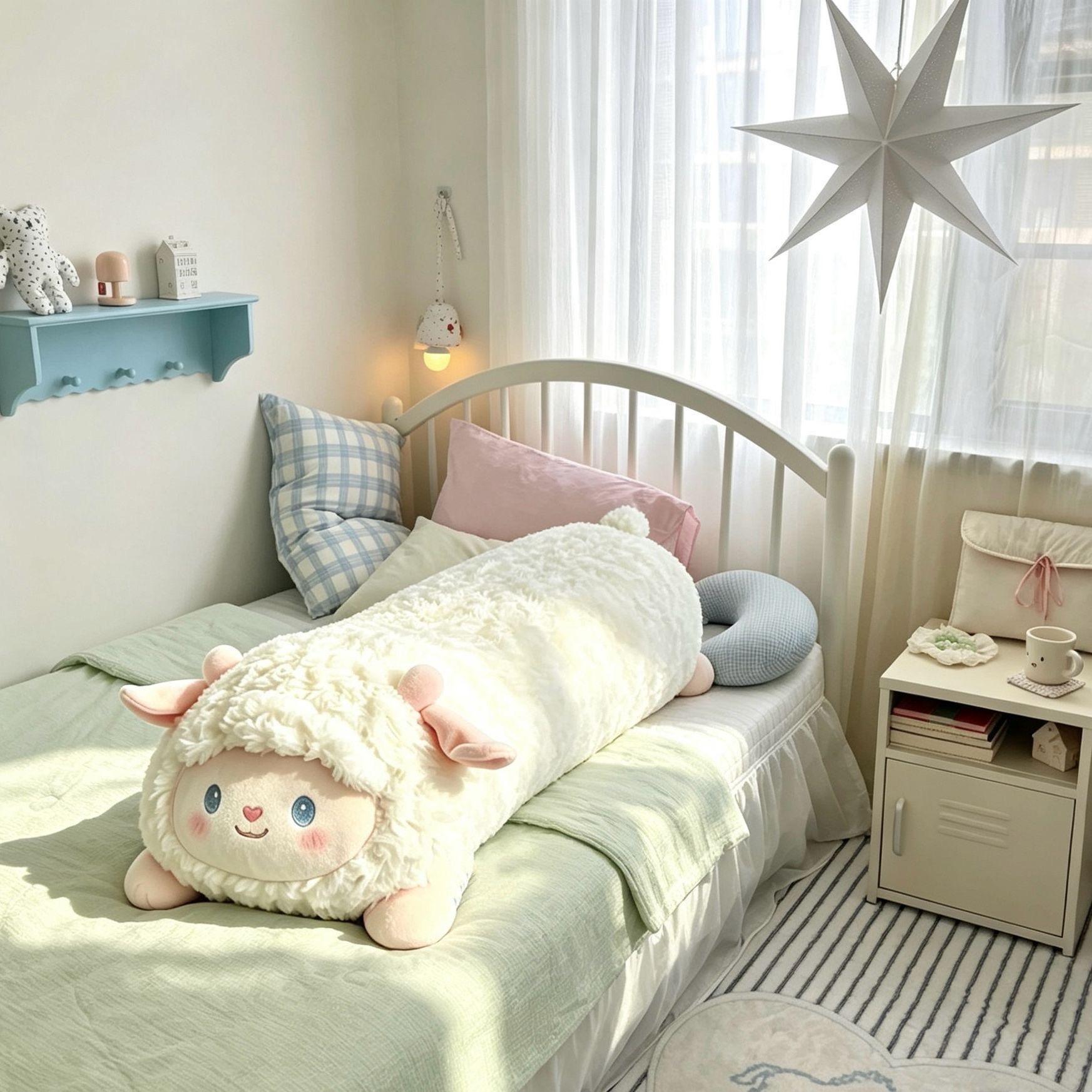 Cute fluffy little lamb long pillow plush toy for side sleeping, leg-hugging doll for bed and dormitory use