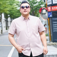 加肥大码男士夏季短袖衬衫肥佬宽松休闲牛津纺纯棉条纹尖领衬衣