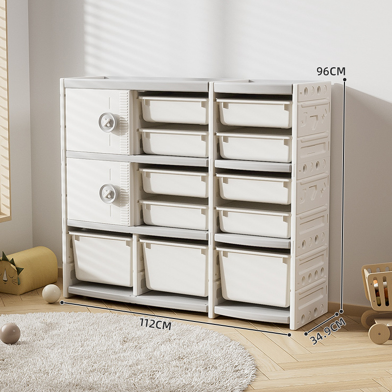 Juego de muebles infantiles de plástico con un armario de almacenamiento tipo cajonera de gran capacidad y varias capas para juguetes, para colocar contra la pared en la sala de estar.