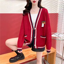 红色毛衣外套女粗线2025春装新款韩版V领宽松撞色小个子针织开衫