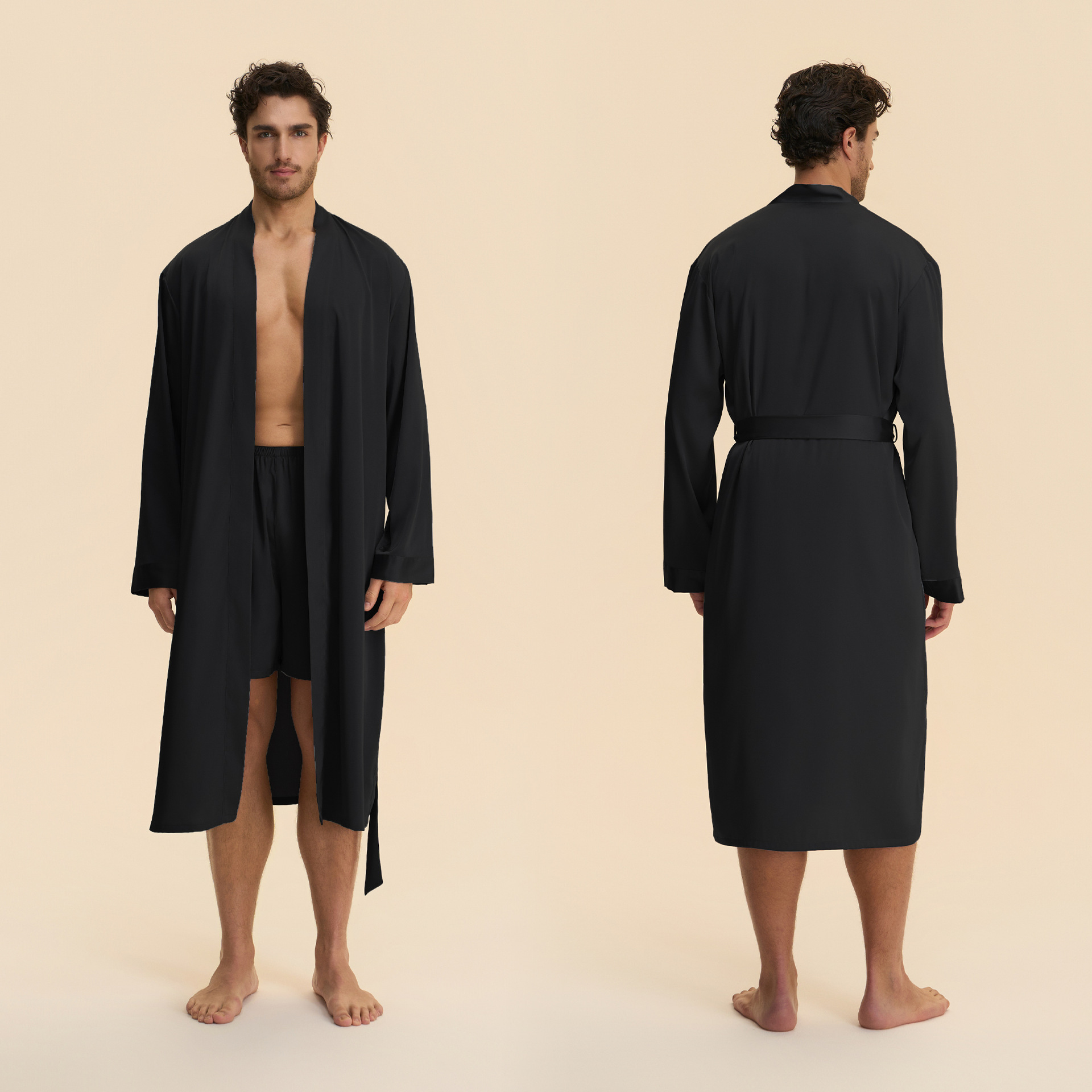 Primavera y otoño nuevo hombre transfronterizo de color sólido pijama largo corto con cara bata de baño conjunto de ropa de casa 3989