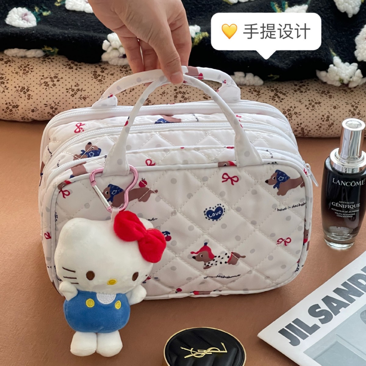 Nuevo lindo bolso de maquillaje de perro de salchicha bolsa de almacenamiento de maquillaje de gran capacidad para viajar bolsa de lavado de partición portátil
