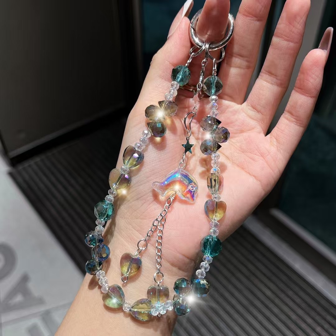 Cuerdas de muñeca corta de teléfono móvil cuerdas de muñeca personales creativas cuentas de diamante pequeños delfines hechos a mano perlas colgante lujoso ligero