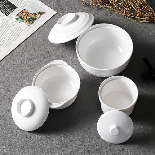 White Melamine Imitation Porcelain Soup & Stew Pot, Hotel & Restaurant Specialty, Shaxian-Designated, Plastic Dual-Handle Soup Bowl with Lid for Water-Bath Cooking