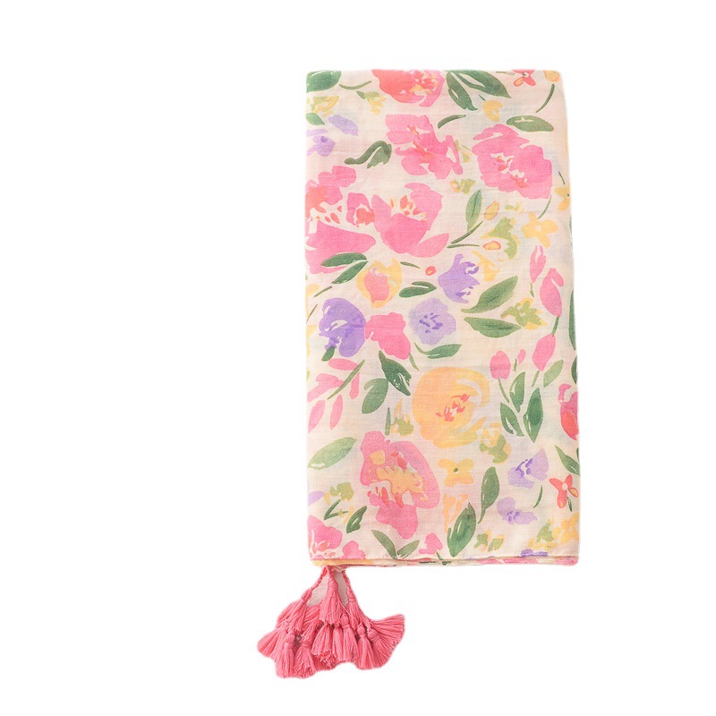 2022 nueva delgada estilo japonés coreano impreso floral decorativo bufanda viaje protector solar algodón Lino sensación bufanda chal