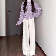 韩系甜美气质紫色花朵针织开衫上衣女2025秋毛衣外套阔腿裤两件套