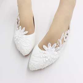 星辰猫白色新娘鞋 女士平底婚鞋蕾丝绣花婚礼鞋 软底伴娘鞋BH171A
