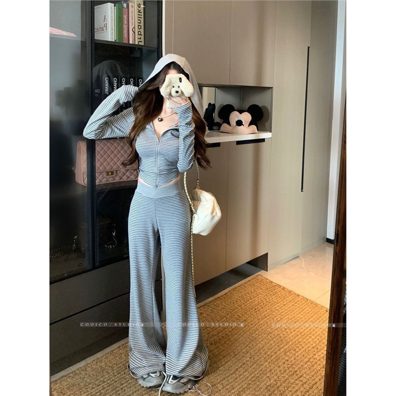 灰色条纹运动风套装短款连帽卫衣外套女2025秋季阔腿裤长裤两件套
