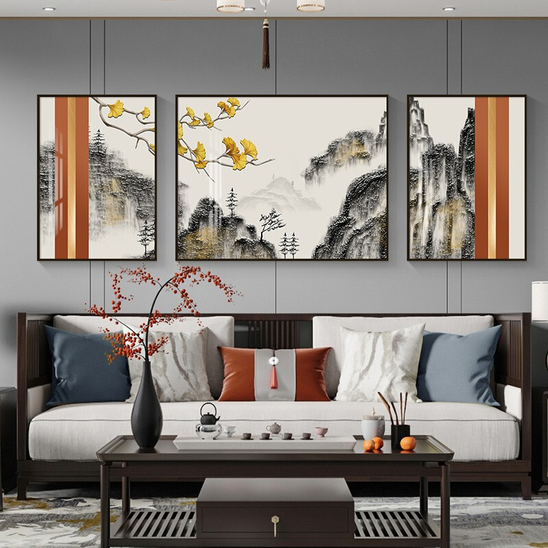 新中式客厅装饰画沙发背景墙画山水三联壁画中国风山水挂画晶瓷画