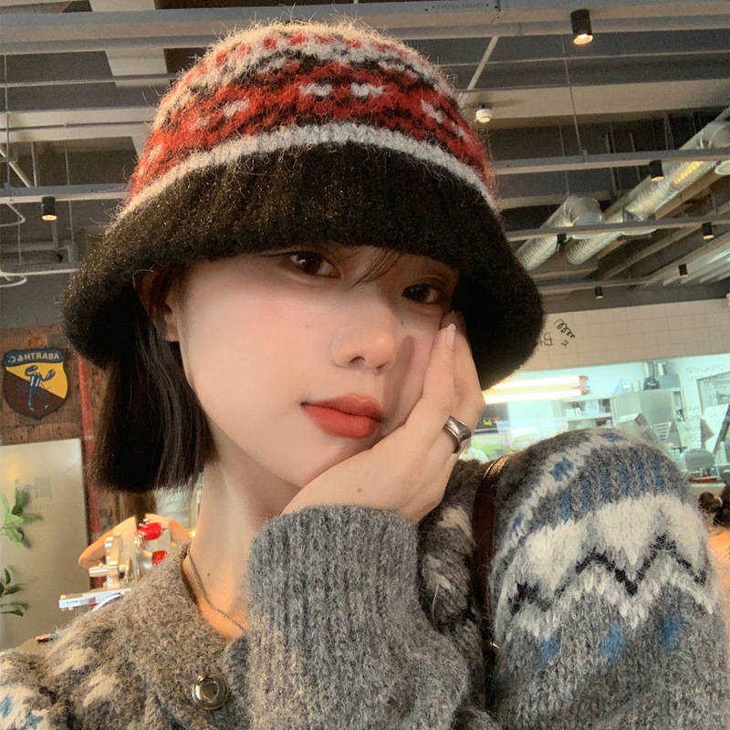 费尔岛风针织撞色渔夫帽子女2025新款秋冬显脸小加厚保暖毛线盆帽|undefined