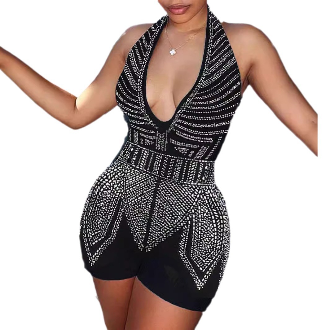 Women's Clothing hot diamond deep V backless strap halter neck jumpsuit shorts_voghion.com