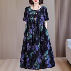 中高年の大きいサイズの花の綿のワンピースの女性2025夏服の新型の50代の中年のお母さんの気質のスカート